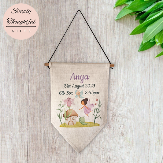 New Baby Fairy Hanging Pennant Flag -  Birth Announcement Gift - Birth Detail Pennant - Personalised New Baby Gift