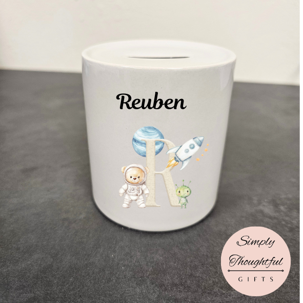 New Baby Ceramic Money box - Children's Space Bear piggy bank - Personalised money box